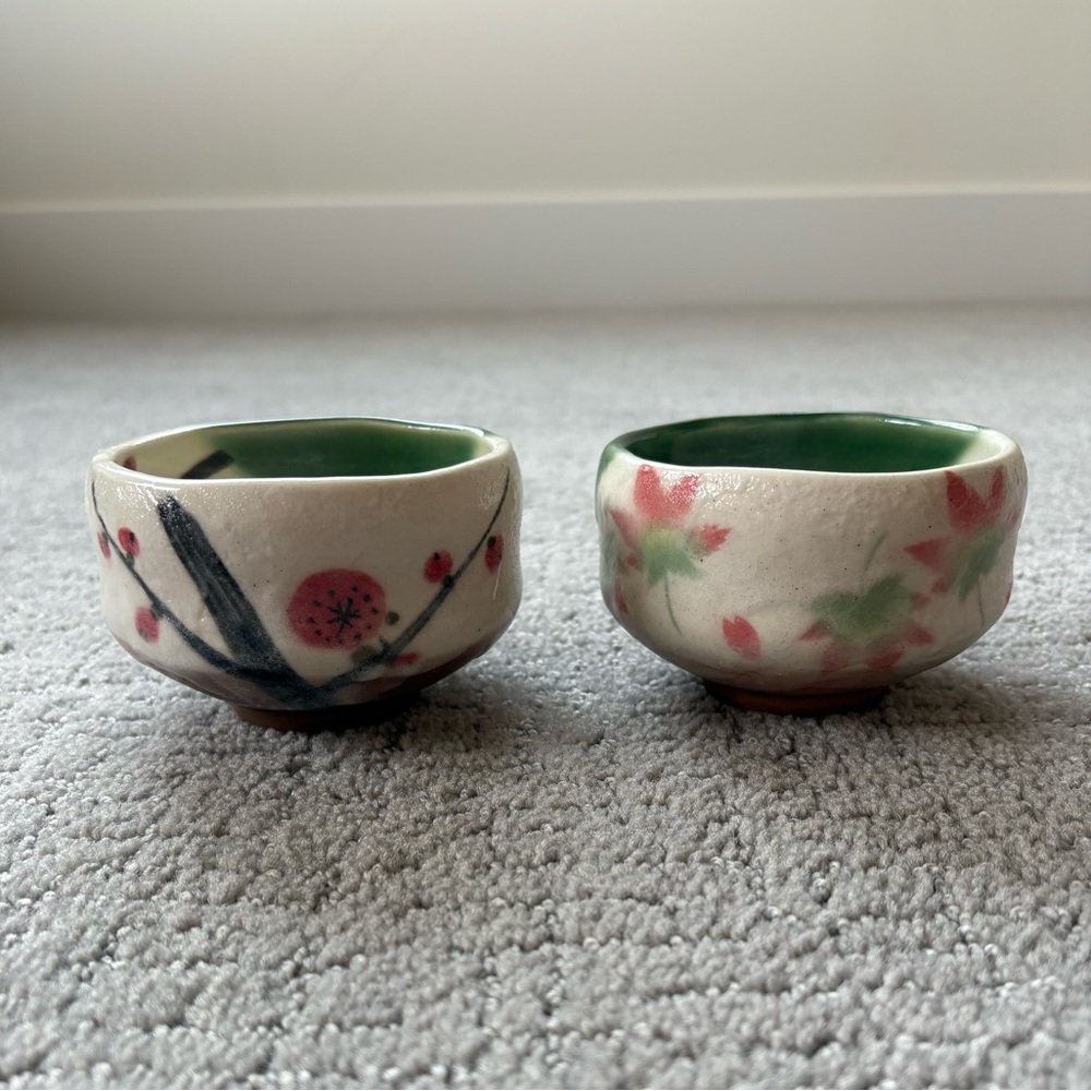 Lot of 2 Japanese Handmade Matcha Chawan Tea Bowl Persimmon Maple Leaf Momiji